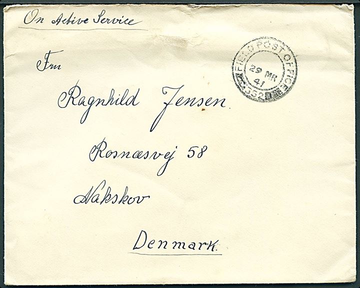 Ufrankeret feltpostbrev stemplet Field Post Office 352 (= Kiel el. Hamburg) d. 29.3.1947 til Nakskov, Danmark. Fra dansk censor ved 56 T.C.U. (Telegraph Censorship Unit) ved de britiske styrker i Tyskland.