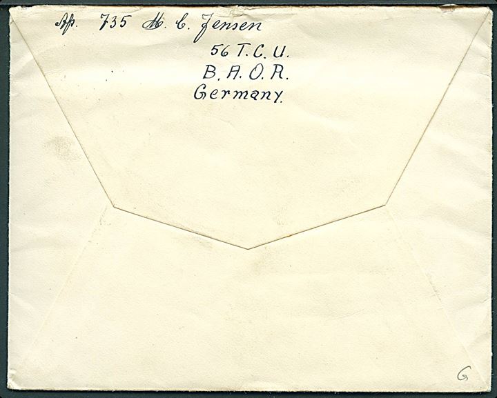 Ufrankeret feltpostbrev stemplet Field Post Office 352 (= Kiel el. Hamburg) d. 29.3.1947 til Nakskov, Danmark. Fra dansk censor ved 56 T.C.U. (Telegraph Censorship Unit) ved de britiske styrker i Tyskland.