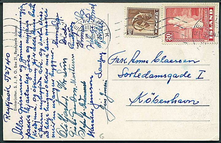 5 aur Torsk og 20 aur Geysir på brevkort (Eiriksjökull) fra Reykjavik d. 5.2.1940 til København, Danmark. Uden censur.