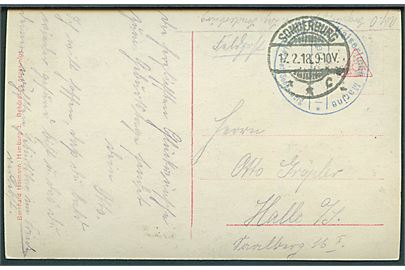 Ufrankeret feltpostkort (Matros med buket) stemplet Sonderburg d. 17.2.1918 til Halle. Briefstempel: Kaiserlische Marine / Marine Lazarett Sonderburg.