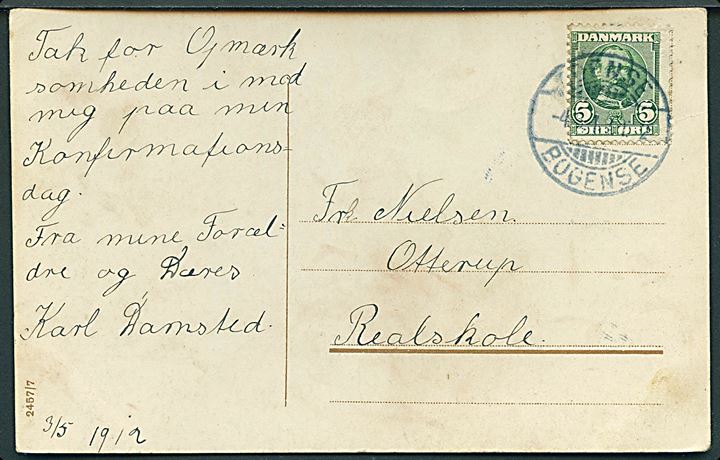 5 øre Fr. VIII på brevkort annulleret med bureaustempel Odense - Bogense T.2 d. 3.5.1912 til Otterup. Nusset.
