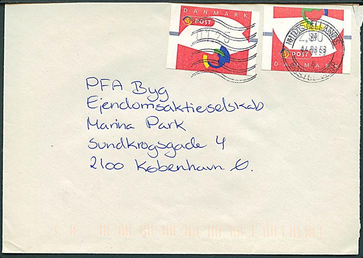 1,25 kr. og 2,50 kr. Frankeringsetiket på brev fra Roskilde annulleret Midtsjællands Postcenter d. 14.8.1988 til København.