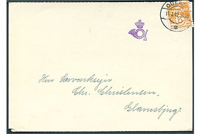 6 øre Bølgelinie på tryksagsbrevkort med violet kronet posthorn tryksagskontrolstempel fra Odense d. 16.3.1942 til Glamsbjerg. Frimærke yderligt placeret.
