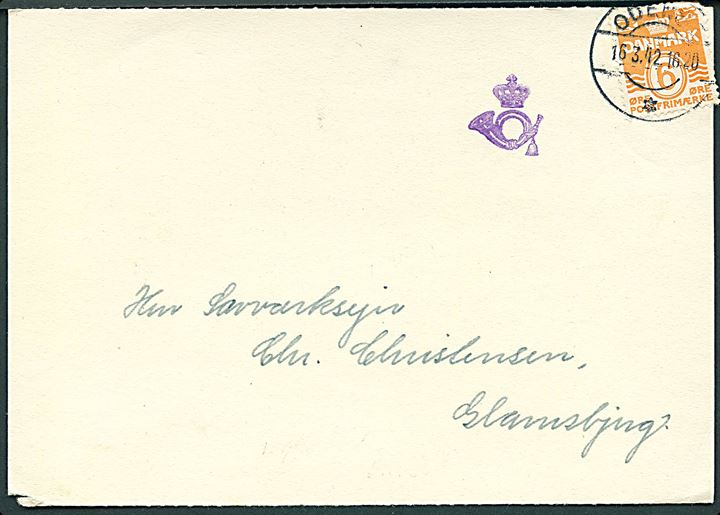 6 øre Bølgelinie på tryksagsbrevkort med violet kronet posthorn tryksagskontrolstempel fra Odense d. 16.3.1942 til Glamsbjerg. Frimærke yderligt placeret.