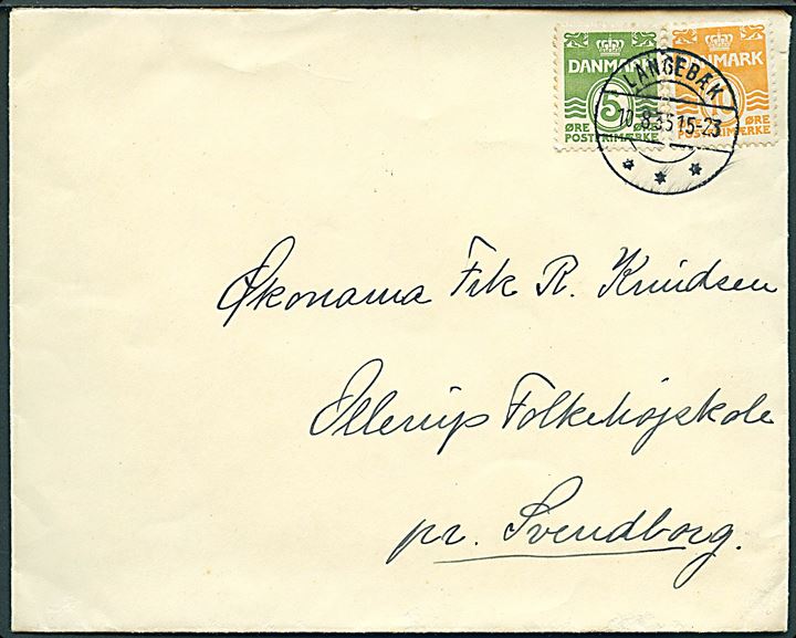 5 øre og 10 øre Bølgelinie på brev annulleret med brotype IIc Langebæk d. 10.8.1935 til Ollerup.