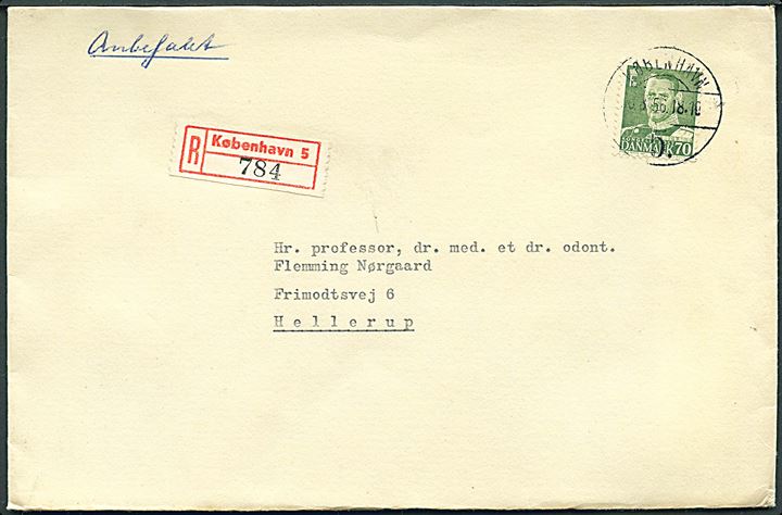 70 øre Fr. IX single på anbefalet brev fra København d. 30.8.1956 til Hellerup.