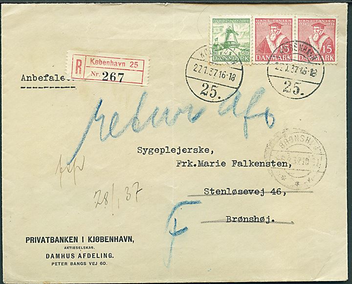 5+5 øre Dybbøl Mølle og 15 øre Tavsen (par) på anbefalet brev fra København d. 27.1.1937 til Brønshøj. Retur som ubekendt. Lodret fold.