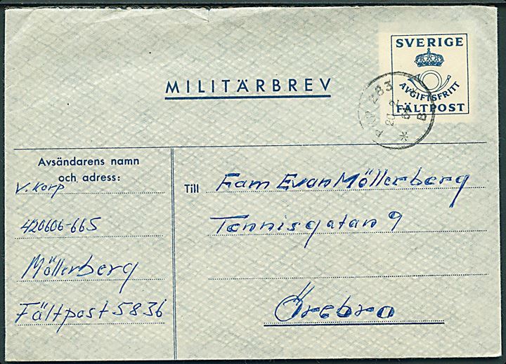 Militärbrev med bureaustempel PKP 283 B (= Falun - Gävle) d. 20.2.1964 til Örebro. Fra soldat ved Fältpost 5836 på manøvre. Vedhængende ubenyttet svarmærke.