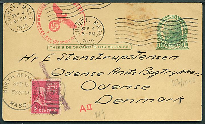 1 cents underfrankeret helsagsbrevkort fra Quincy d. 4.9.1940 til Odense, Danmark. Returneret og opfrankeret med 2 cents stemplet North Weymounth d. 5.9.1940. Tysk censur fra Hamburg.
