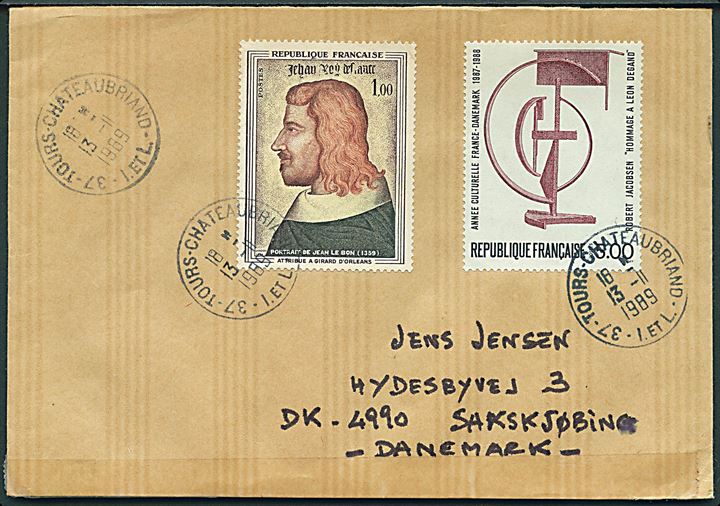 5 Fr. Fansk-Dansk Kulturår Robert Jacobsen udg. på brev fra Tours Chateaubriand d. 13.11.1989 til Sakskøbing, Danmark. Lukket med tape.