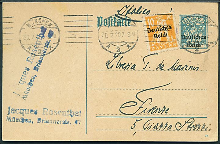 30 pfg. Deutsches Reich provisorisk helsagsbrevkort opfrankeret med 10 pfg. Deutsches Reich provisorium fra München d. 30.7.1920 til Firenze, Italien.