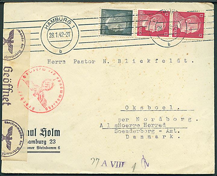 1 pfg. og 12 pfg. (par) Hitler udg. på brev fra Hamburg d. 28.1.1942 til Oksbøl pr. Nordborg, Als. Åbnet af tysk censur i Hamburg.