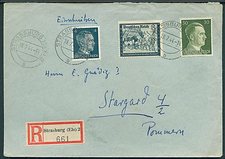 8+12 pfg. Velgørenhed, 4 pfg. og 30 pfg. Hitler på anbefalet brev fra Strassburg (Els) d. 18.7.1944 til Stargard, Pommern.