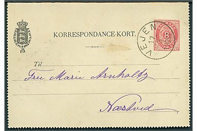 8 øre helsags korrespondancekort fra Askov annulleret med lapidar Vejen d. 17.3.1895 til Næstved. Sendt fra fotograf E. Arnholtz under ophold på Askov Højskole til hustru i Næstved.