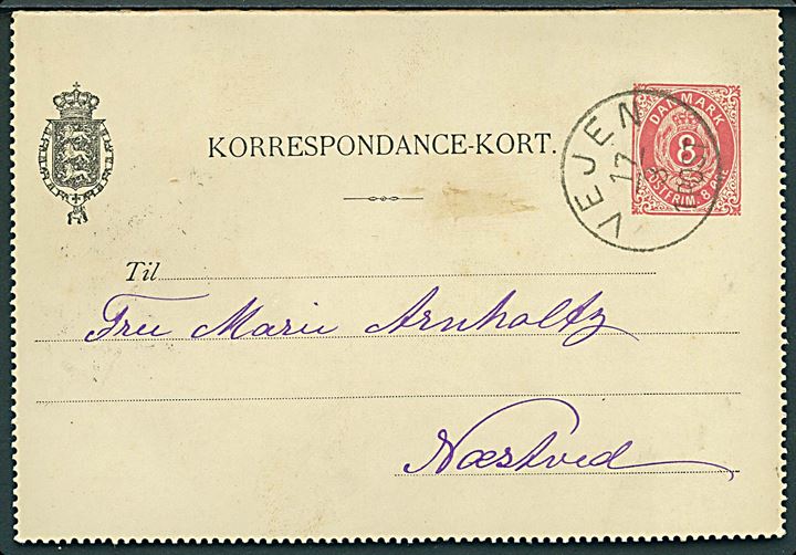 8 øre helsags korrespondancekort fra Askov annulleret med lapidar Vejen d. 17.3.1895 til Næstved. Sendt fra fotograf E. Arnholtz under ophold på Askov Højskole til hustru i Næstved.