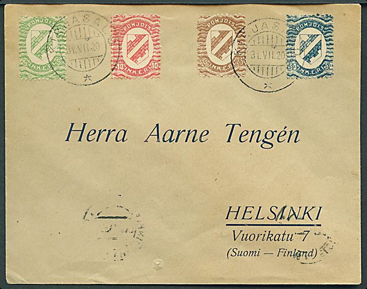 5 pen., 10 pen., 25 pen. og 50 pen. Pohjuis Inkeri udg. på filatelistisk brev stemplet Kirjasalo d. 31.7.1920 til Helsingfors. 