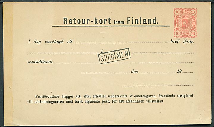 10 pen. helsags Modtagelsesbevis Retour-kort inom Finland stemplet SPECIMEN. 