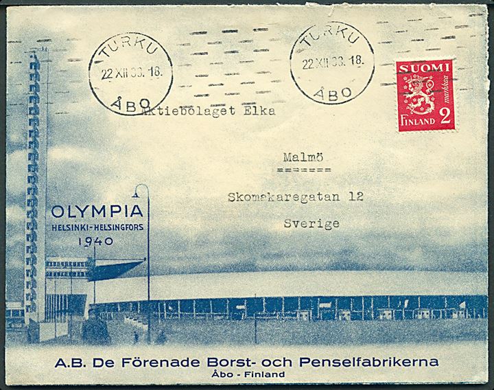 2 mk. Løve på illustreret Olympiade Helsingfors 1940 kuvert fra firma A.B. De Förenade Borst- och Penselfabrikerna stemplet Turku/Åbo d. 22.12.1938 til Malmö, Sverige.