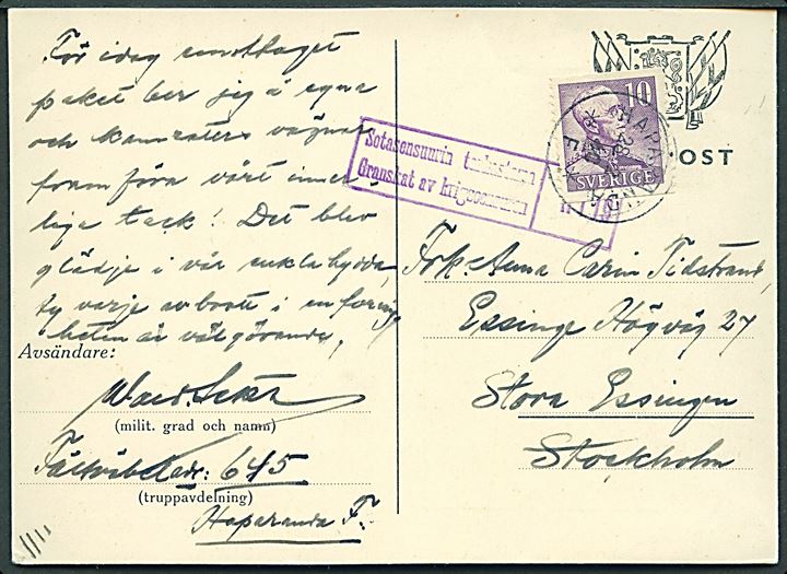 Illustreret feltpostkort (Lotta Svärd) opfrankeret med svensk 10 öre Gustaf stemplet Haparanda F. d. 28.2.1940 til Stockholm. Sendt fra svensk soldat i SFK (Svenska Frivilligkåren) Avd. 645 (= depåampluton). Finsk censur.