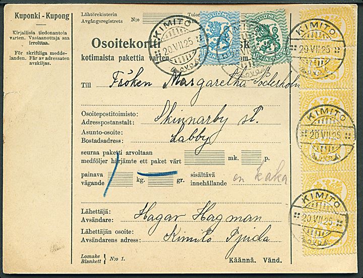 10 pen., 40 pen. og 75 pen. (6) Løve på adressekort for pakke fra Kimito d. 20.7.1925 til Skinnarby.