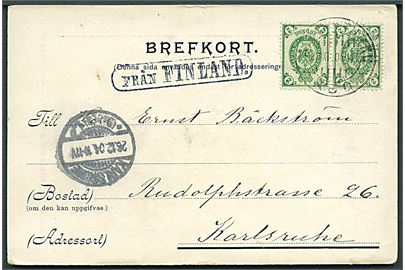 Russisk 2 kop. Våben i parstykke på brevkort stemplet Åbo d. 23.12.1904 og sidestemplet med svensk skibsstempel Från Finland til Karlsruhe, Tyskland.