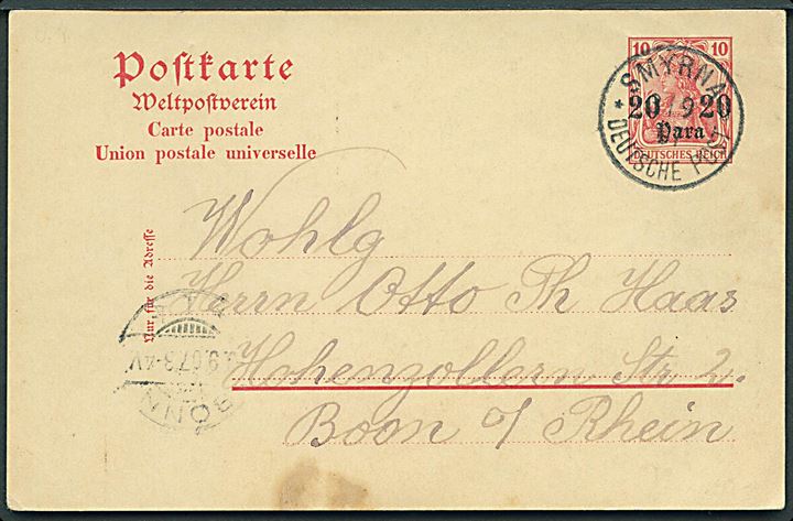 20 para/10 pfg. provisorisk helsagsbrevkort annulleret Smyrna * Deutsche Post * d. 3.9.1907 til Bonn, Tyskland.