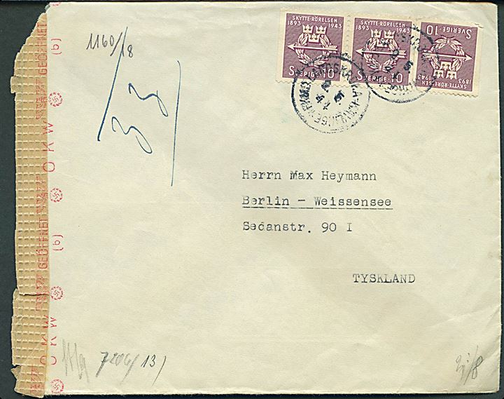 10 öre Skytte Rörelsen (3) på brev annulleret med bureaustempel FKMB Landskrona - Kävlinge d. 2.5.1944 til Berlin, Tyskland. Åbnet af tysk censur i Berlin. 