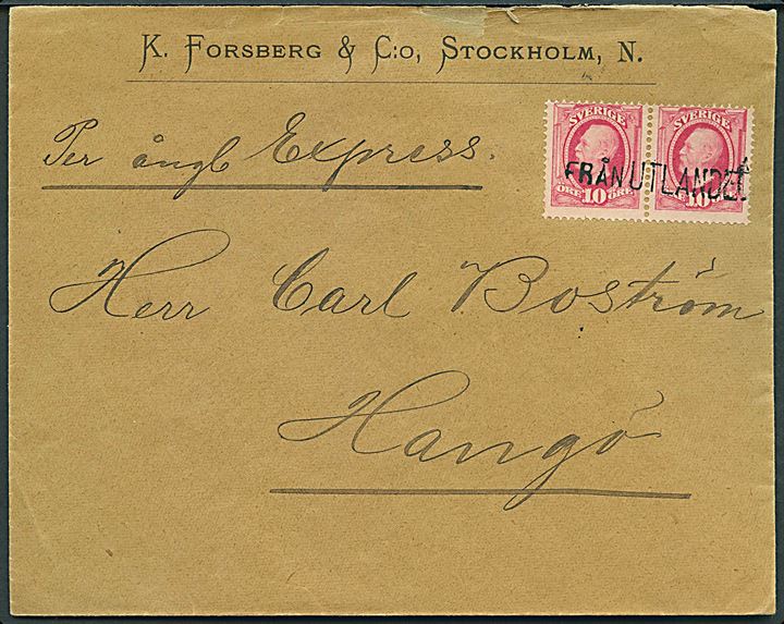 10 öre Oscar II i parstykke på brev fra Stockholm påskrevet Per ångb. Express annulleret med finsk skibsstempel Från Utlandet til Hangö, Finland. På bagsiden ank.stemplet Hangö d. 10.1.1898.