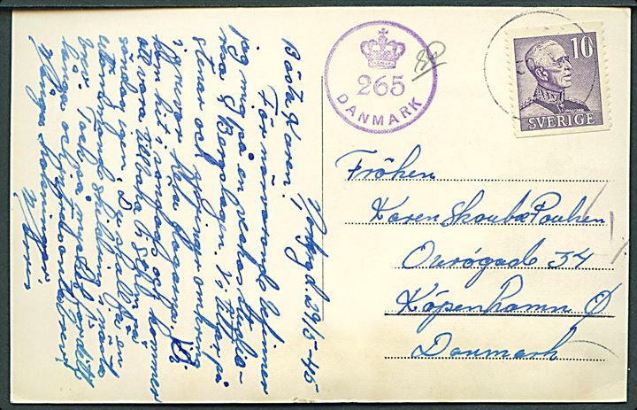 10 öre Gustaf på brevkort annulleret med svagt stempel i Norsberg d. 30.5.1945 til København. Dansk efterkrigscensur (krone)/265/Danmark med signatur.