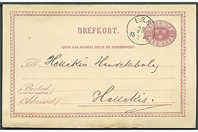 6 öre helsagsbrevkort fra Skaraborg Läns Tidning annulleret med bureaustempel L.S.S. (= Lidköping-Skara-Stenstorp) d. 28.5.1884 til Hellekis.
