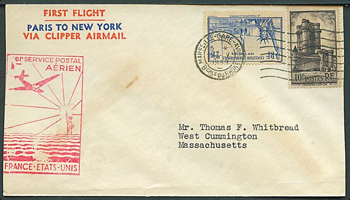2,25 fr. og 10 fr. på 1.-flyvningskuvert fra Marseille d. 25.5.1939 via New York d. 27.5.1939 til West Cummington, USA. Befordret med første Pan American Airways Clipper flyvning fra Frankrig til USA. Rødt flyvvningsstempel.