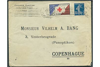 25 c. og Røde Kors mærkat Blesses Militaires på brev fra Paris d. 26.8.1914 til København, Danmark. Uden censur. Ank.stemplet i Kjøbenhavn d. 7.9.1914.