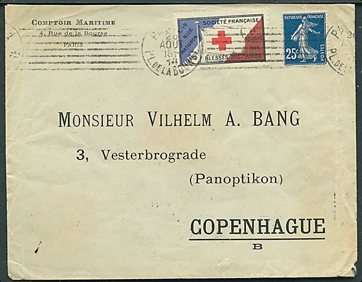 25 c. og Røde Kors mærkat Blesses Militaires på brev fra Paris d. 26.8.1914 til København, Danmark. Uden censur. Ank.stemplet i Kjøbenhavn d. 7.9.1914.
