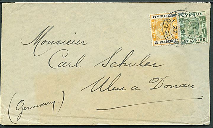 ½ pia. og 2 pia. George V på brev fra Limassol d. 28.9.1927 til Ulm, Tyskland.