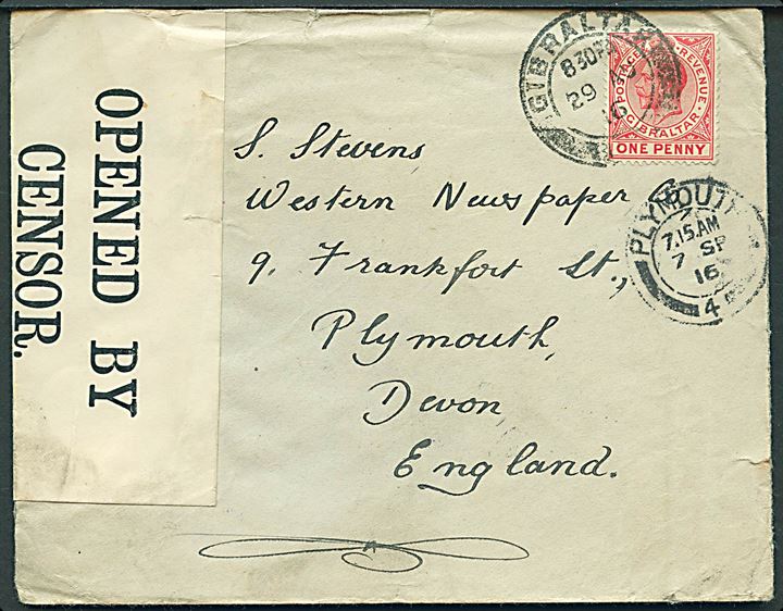 1d George V på brev fra Gibraltar d. 29.8.1916 til Plymouth, England. Åbnet af britisk censur no. 1769.