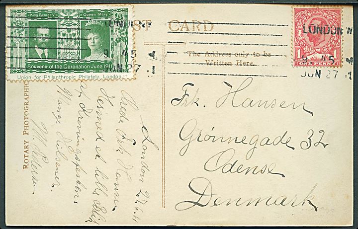 1d George V og Coronation 1911 mærkat på brevkort (Kroningsfesten i London) fra London d. 27.6.1911 til Odense, Danmark.