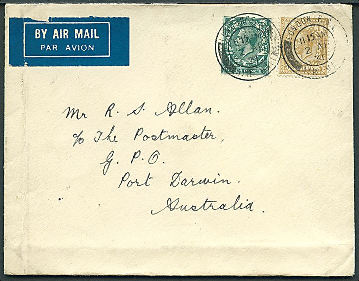 4d og 1 sh. George V på luftpostbrev stemplet London F.S. Air Mail d. 2.4.1931 til Port Darwin, Australien. Ank.stemplet Darwin N.T. Australia d. 25.4.1931.