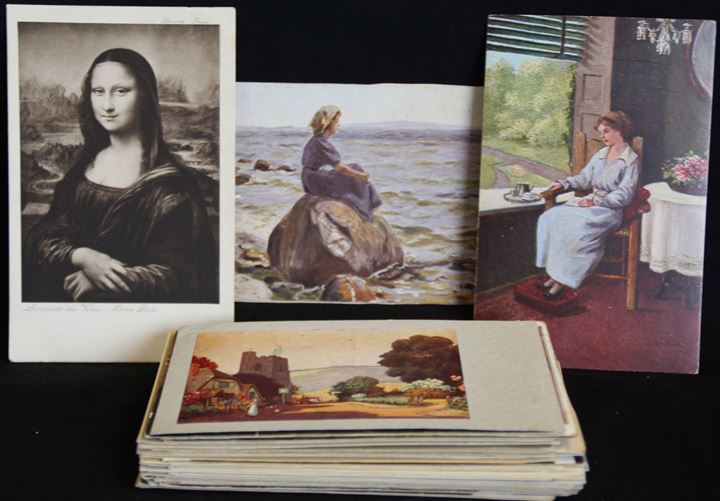 Kunst. 50 ældre postkort, nogle med frimærker.