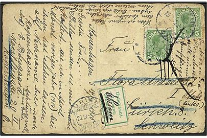 5 øre Chr. X på brevkort med svagt stempel d. 15.2.1915 til Zürich, Schweiz. Returneret med vignet Unbekannt.