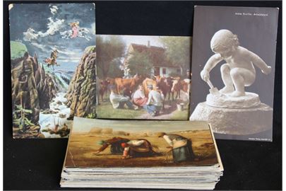 Kunst. 50 ældre postkort, nogle med frimærker.