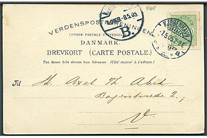 5 øre Våben helsagsafklip anvendt som frankering på lokalt brevkort i Kjøbenhavn d. 7.5.1905.