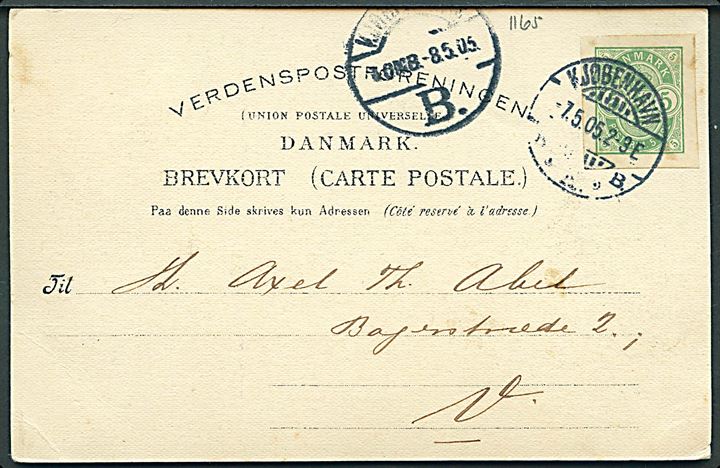 5 øre Våben helsagsafklip anvendt som frankering på lokalt brevkort i Kjøbenhavn d. 7.5.1905.