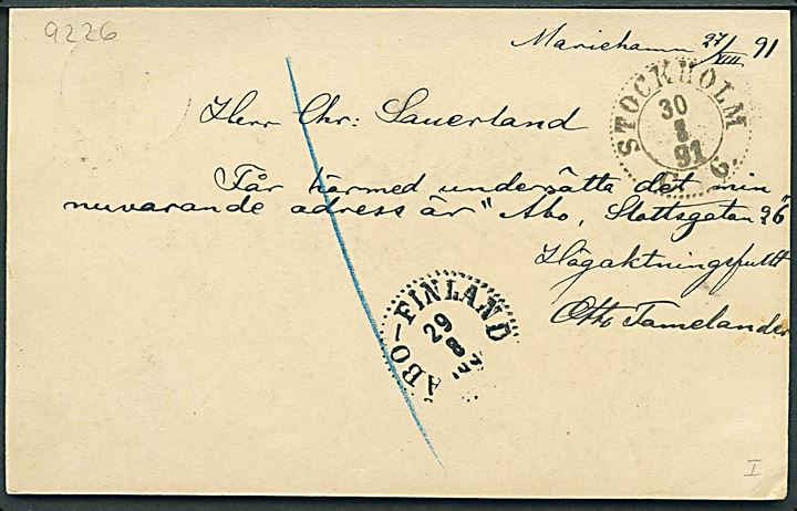 10 pen helsagsbrevkort stemplet Mariehamn d. 27.8.1891 via Åbo-Finland d. 29.8.1891 og Stockholm d. 30.8.1891 til Hemer, Tyskland.