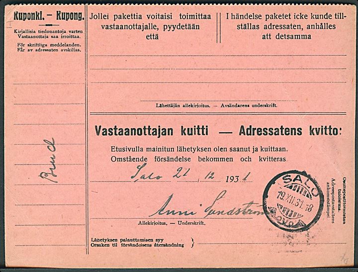 2 mk. Svinhufved 70 år i lodret parstykke på adressekort for pakke fra Helsinki d. 19.12.1931 til Salo. 