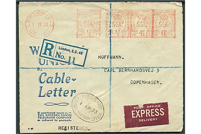 ½d, ½d, 4½d og 6d firmafranko på fortrykt Cable Letter kuvert fra Western Union sendt som anbefalet ekspres fra London d. 1.4.1933 til København, Danmark.