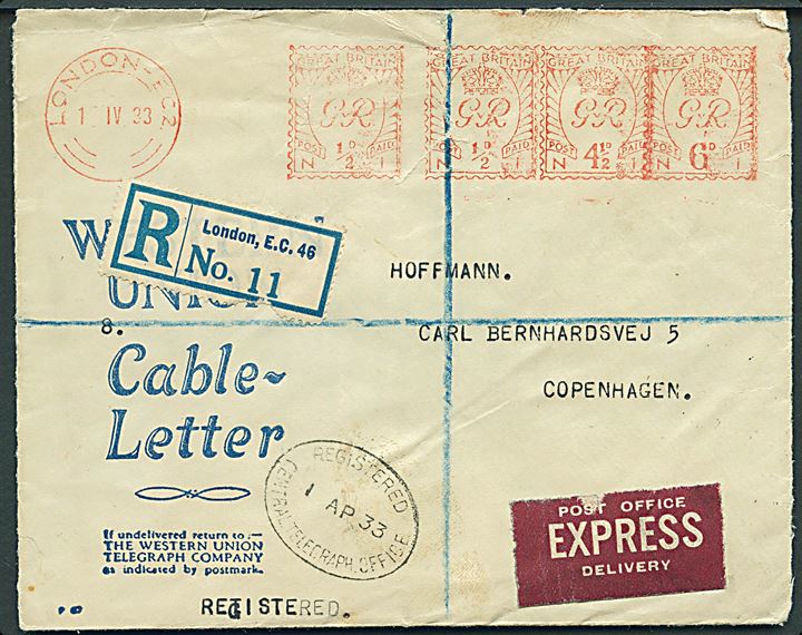 ½d, ½d, 4½d og 6d firmafranko på fortrykt Cable Letter kuvert fra Western Union sendt som anbefalet ekspres fra London d. 1.4.1933 til København, Danmark.