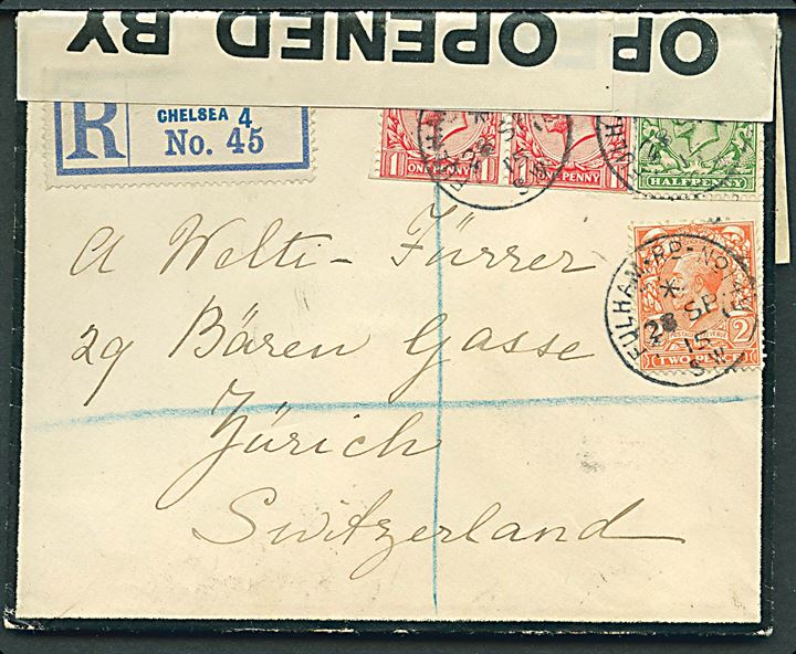 ½d, 1d (2) og 2d George V på sørgekuvert sendt anbefalet fra Chelsea stemplet Fulham Rd. S.W. d. 28.9.1915 til Zürich, Schweiz. Åbnet af britisk censur no. 726.