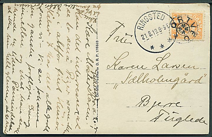 7 øre Chr. X med variant Midterstreg i E sammenhængende med fodstreg (Pos. 30) på brevkort annulleret med stjernestempel ORTVED og sidestemplet Ringsted d. 21.8.1919 til Bjerre pr. Fuglede.