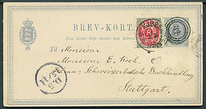 4 øre helsagsbrevkort opfrankeret med 8 øre Tofarvet annulleret med kombineret nr.stempel 34/Kjøbenh. Baneg. d. 14.11.1879 til Stuttgart, Tyskland. Overfrankeret med 2 øre.