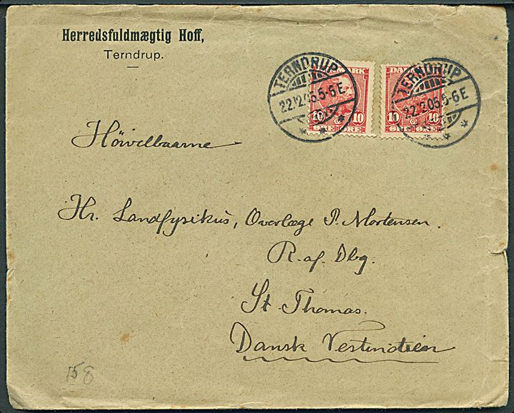 10 øre Chr. IX (2) på brev fra Terndrup d. 22.12.1905 til St. Thomas, Dansk Vestindien. Ank.stemplet lapidar St. Thomas d. 18.1.1906.